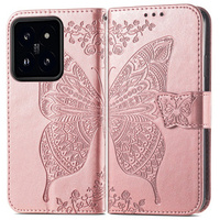 Flip case for Xiaomi 14T Pro, Butterfly, pink rose gold