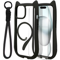 Case for iPhone 15, for MagSafe, Cute Cat, black + Screen Glass