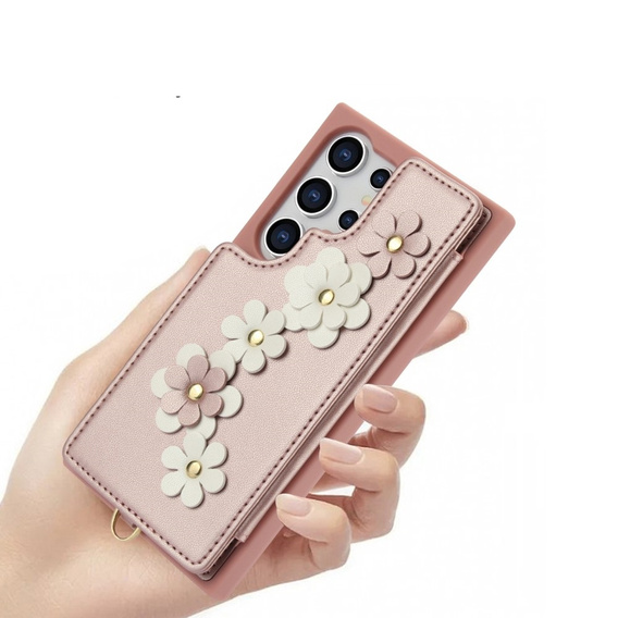 Case for Samsung Galaxy S25 Ultra, Leather Flower Card Slot, pink