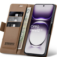 Case for Oppo Reno 12, ERBORD Glossy Litchi, wallet with flap, brown