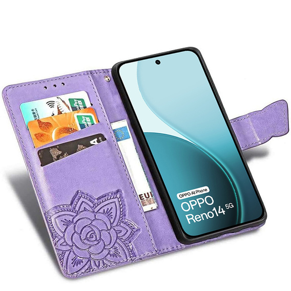 Flap case for Oppo Reno 14, Butterfly, wallet, purple