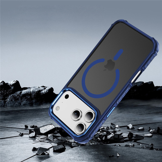 Matt Case for iPhone 17 Pro Max, armoured, for MagSafe, smoky with blue sides