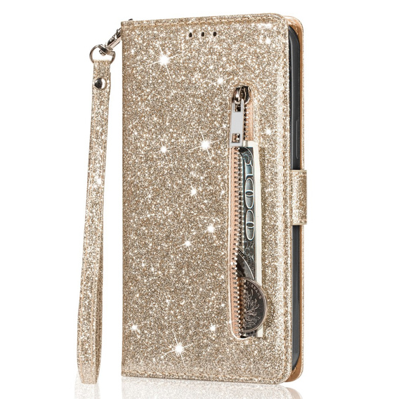 Flip case for Samsung Galaxy A56 5G, Wallet Zipper Pocket Glittery, gold