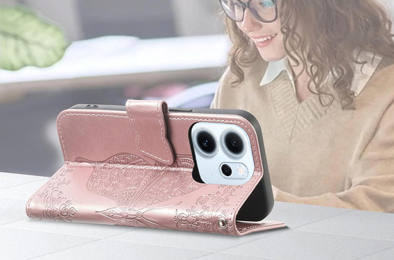 Flap case for Oppo Reno 14F, wallet, Butterfly, rose gold