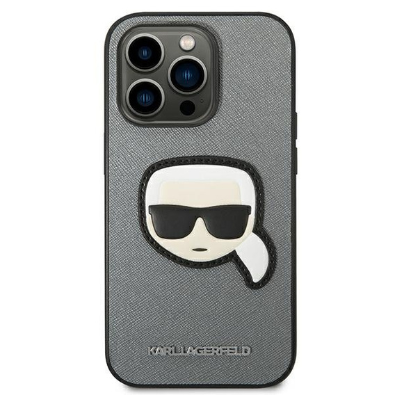 Karl Lagerfeld Case for iPhone 14 Pro Max, Saffiano Karl's Head Patch, silver