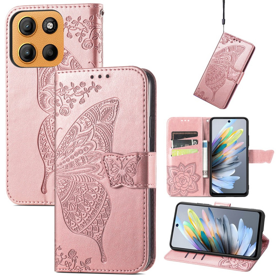 Flip case for Motorola Moto G15 / Motorola Moto G15 Power, Butterfly, pink rose gold