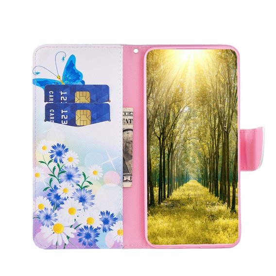 Flip case for Xiaomi Redmi 13C / Poco C65, Wallet, butterfly & flowers, white