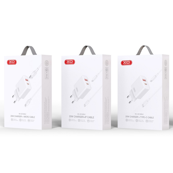 XO CE12 Power charger, USB-C, 20W + USB-C - Lightning cable, White
