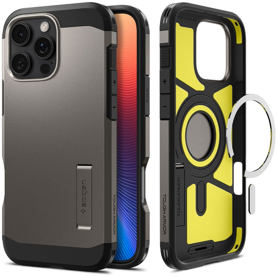 Spigen case for iPhone 16 Pro Max, Tough Armor Mag MagSafe, grey + 9H Tempered Glass