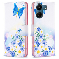 Flip case for Xiaomi Redmi 13C / Poco C65, Wallet, butterfly & flowers, white