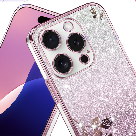 Case for iPhone 16 Pro, Glitter Flower, pink rose gold