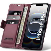 Case for Iphone 16E, ERBORD Glossy Litchi, wallet with flap, red