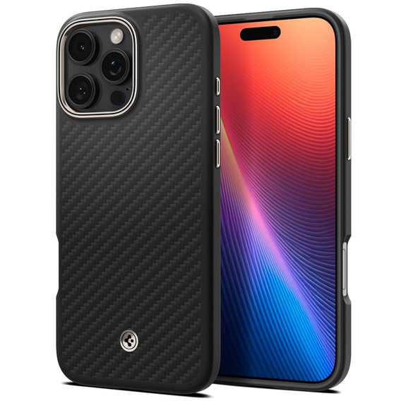 Spigen Case for iPhone 16 Pro, Enzo Aramid MagSafe, carbon black + 9H Tempered Glass