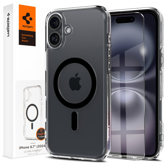 Spigen MagSafe Case for iPhone 16 Plus, Ultra Hybrid, transparent / black + 9H Tempered Glass
