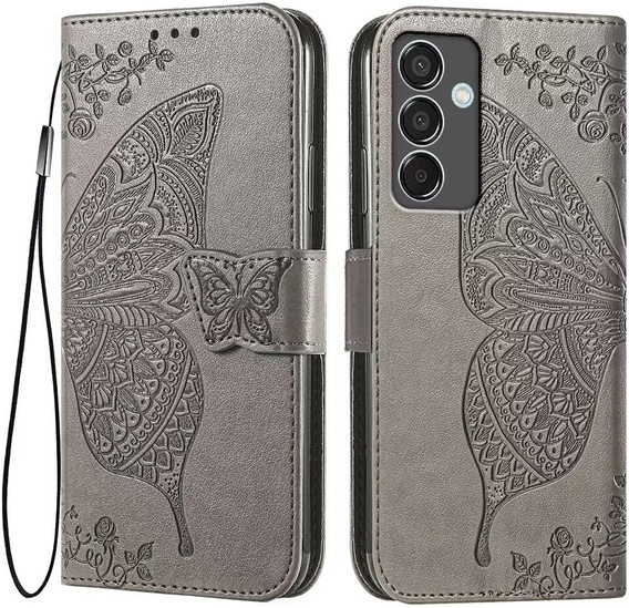 Flip case for Samsung Galaxy M55 5G, Butterfly, grey