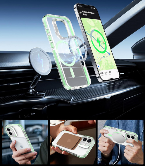 Case for iPhone 17, for MagSafe, with stand, transparent with green inserts