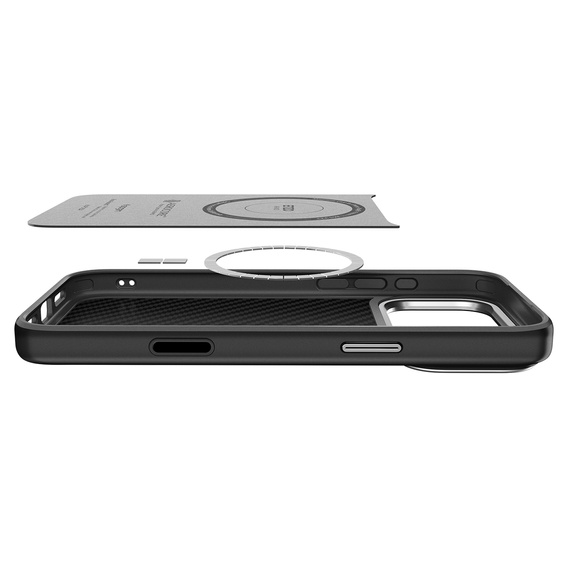 Spigen Enzo Aramid MagSafe case for iPhone 17 Pro, carbon black / silver