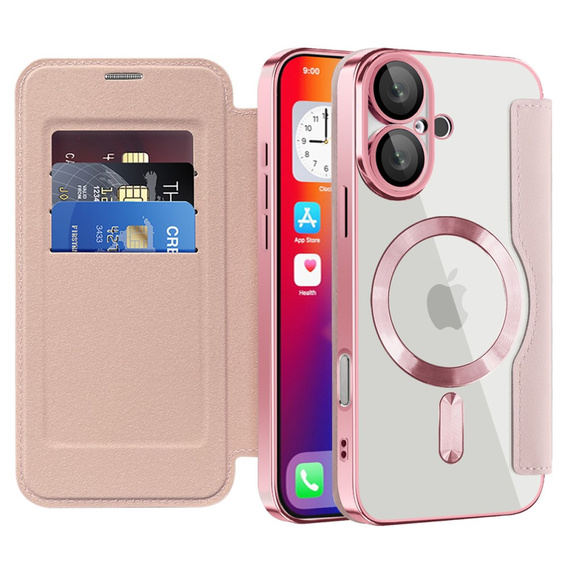 Flip case for iPhone 16, RFID Wallet MagSafe CamShield, pink