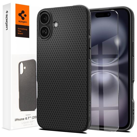 Spigen case for iPhone 16, Liquid Air, black + 9H Tempered Glass