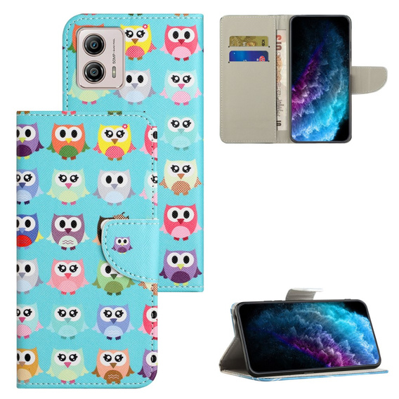 Flip case for Motorola Moto G73 5G, Wallet, owls, blue