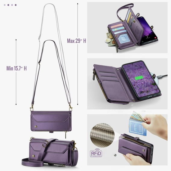 Case CASEME for Samsung Galaxy S24 FE, RFID Leather Wallet, with shoulder strap, purple