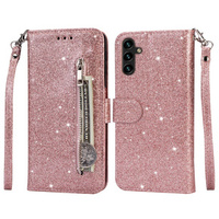 Flip case for Samsung Galaxy A35 5G, Wallet Zipper Pocket Glittery, pink rose gold