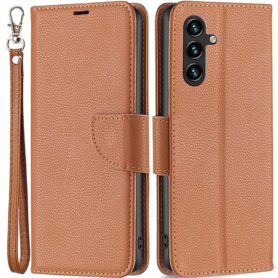 Flip case for Samsung Galaxy A15, Wallet Litchi Leather, brown + 9H glass