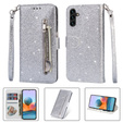 Flip case for Samsung Galaxy A35 5G, Wallet Zipper Pocket Glittery, silver