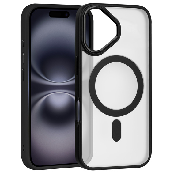 Case for iPhone 16 Plus, for MagSafe, ERBORD Matt Case, transparent / black + Screen Glass