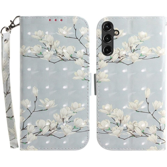 Flip case for Samsung Galaxy A14 4G/5G, Wallet, flowers magnolia, white