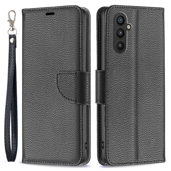 Flip case for Samsung Galaxy A25 5G, Wallet Litchi Leather, black + 9H glass