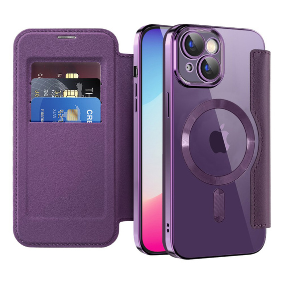 Flip case for iPhone 14, RFID Wallet MagSafe CamShield, purple