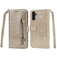 Flip case for Samsung Galaxy A55, Wallet Zipper Pocket Glittery, gold