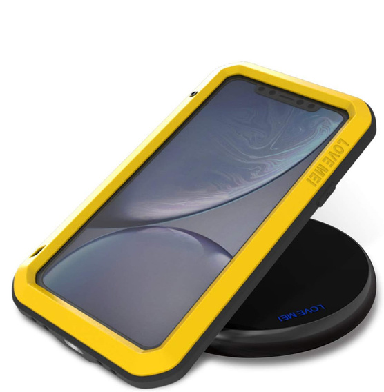 Love Mei Case for iPhone 11, armored with glass, yellow / black