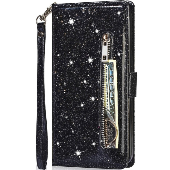 Flip case for Samsung Galaxy A55, Wallet Zipper Pocket Glittery, black
