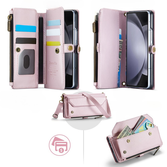 Case CASEME for Samsung Galaxy Z Fold6 5G, RFID Leather Wallet, with shoulder strap, pink
