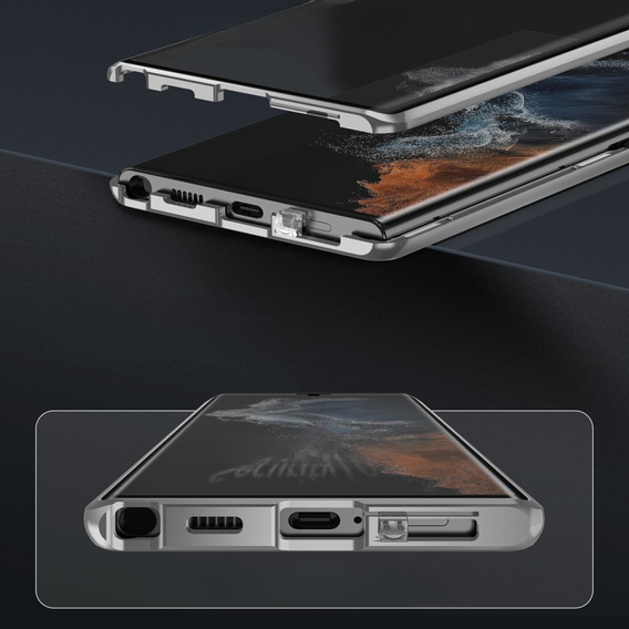 Case for Samsung Galaxy S23 Ultra, Magnetic Dual Glass, silver