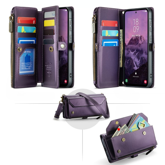 Case CASEME for Samsung Galaxy A56 5G, RFID Leather Wallet, with shoulder strap, purple