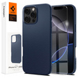 Spigen case for iPhone 16 Pro, Liquid Air, dark blue + 9H Tempered Glass