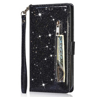 Flip case for Samsung Galaxy S24 Ultra, Wallet Zipper Pocket Glittery, black