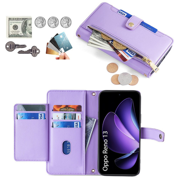 Flip case for Oppo Reno 13, Wallet Zipper Pocket, purple