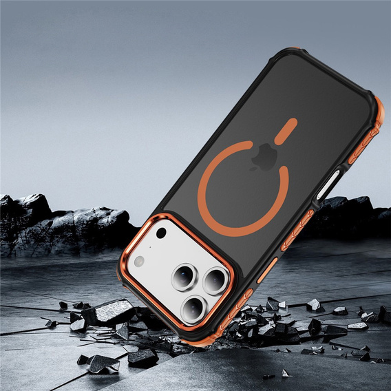 Matt Case for iPhone 17 Pro Max, armoured, for MagSafe, smoky with orange sides