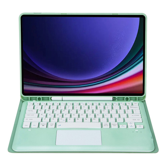 Case + keyboard Samsung Galaxy Tab S9+, Leather Pen Slot TouchPad, light green
