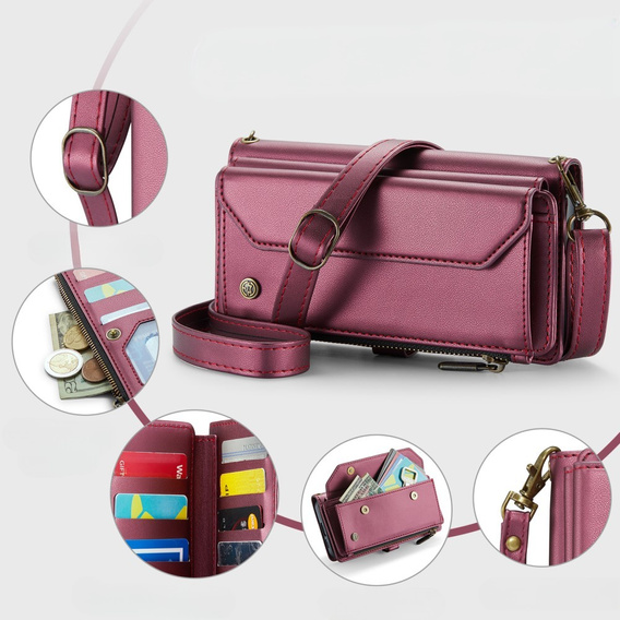 Case CASEME for Samsung Galaxy S24 FE, RFID Leather Wallet, with shoulder strap, red