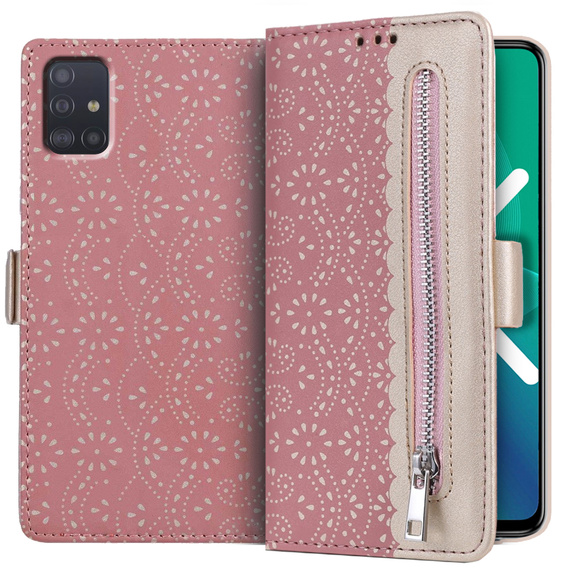Flip case for Samsung Galaxy A51, Wallet Pocket Zipper Lace, pink