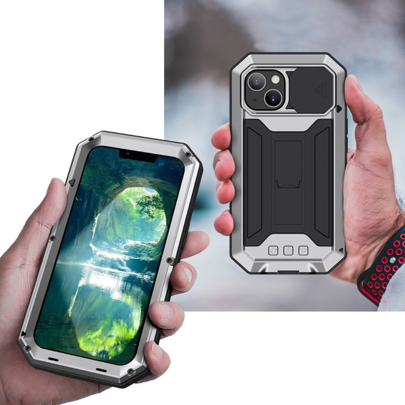Case for iPhone 13, R-JUST CamShield Slide, armoured, silver / black