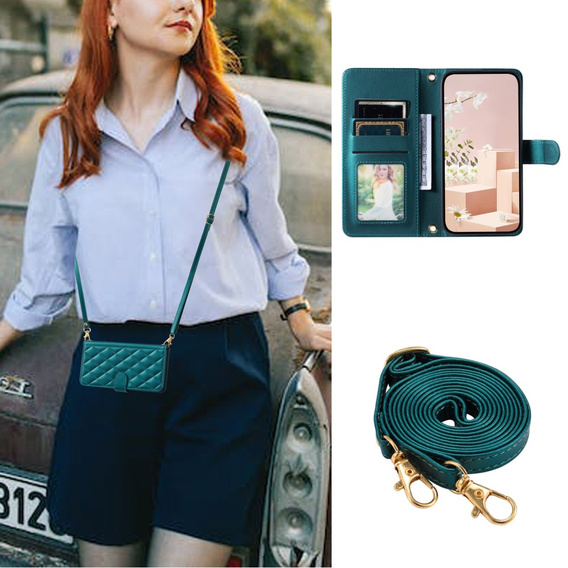 Flip case for Samsung Galaxy A55 5G, Rhombus Crossbody Leather, dark green