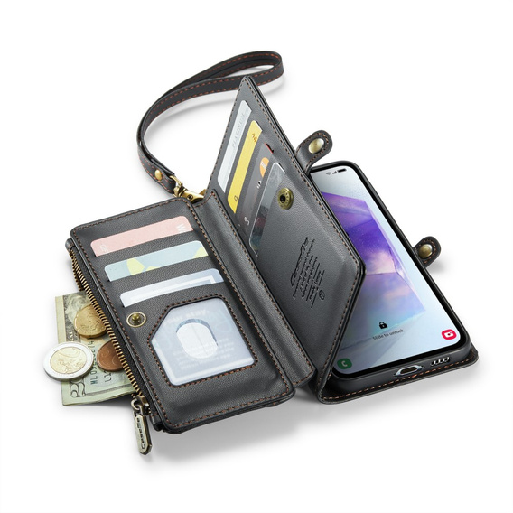 Case CASEME for Samsung Galaxy A55 5G, RFID Leather Wallet, with shoulder strap, black