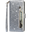 Flip case for Samsung Galaxy A55, Wallet Zipper Pocket Glittery, silver