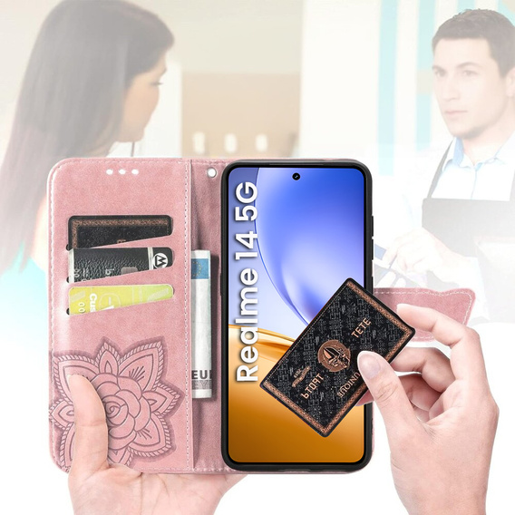 Flip case for Realme 14 5G / Realme 14T 5G, Butterfly, pink rose gold